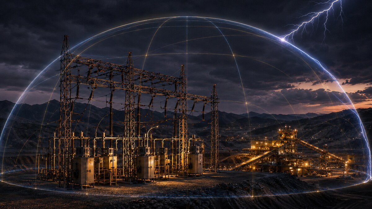 Visualización conceptual de un domo de protección sobre infraestructura minera y eléctrica