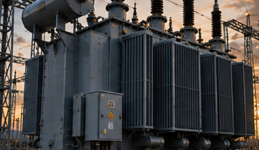 Transformador de potencia instalado en una subestación eléctrica